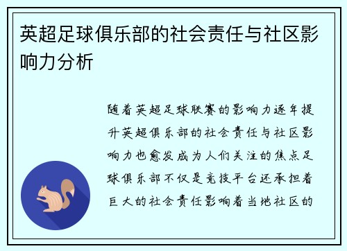 英超足球俱乐部的社会责任与社区影响力分析